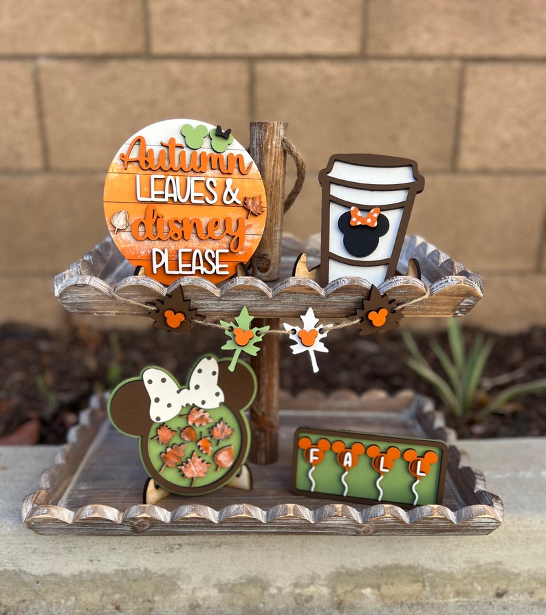 Disney Fall Tiered Tray Decor | Mickey & Minnie Pumpkin Signs | Autumn Coffee Bar Decor | Disney Leaves Please | Fall Home Shelf Decor All 5 Signs