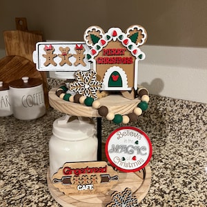 Disney Christmas Tiered Tray Decor | Mickey Gingerbread Signs | Believe in the Magic | Gingerbread Cafe Shelf Sitter | Holiday Home Decor