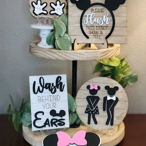 Disney Bathroom Decor | Mickey & Minnie Bathroom Signs | Funny Wooden Tiered Tray Accents | Disney Home Decor for Kids and Guests