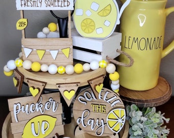 Lemonade Tiered Tray Decor I Freshly Squeezed I Lemonade Pitcher I Pucker Up I Squeeze The Day I Lemon Wood Signs I Lemonade Stand