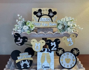 Disney Happy New Year | Disney Tiered Tray |Mickey Minnie Kiss| Happy New Year 2024|New Year Tiered Tray| Disney Decor |Party Decor