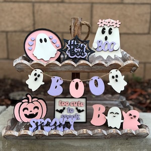 Pink Halloween Ghost Tiered Tray Decor | Spooky Wood Signs | Pastel Halloween | Cute Pink Halloween Ghost Decor | Halloween Coffee Bar