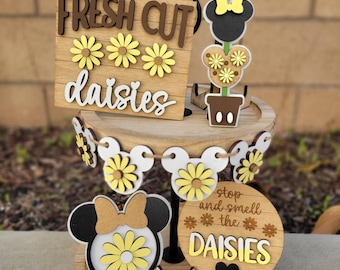 Mickey Mouse Daisy Tiered Tray Decor | Disney Spring Kitchen Shelf Sitter | Fresh Cut Flowers Sign | Disney Tier Tray