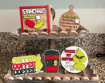 Grinch Coffee Bar Sign | Funny Christmas Tiered Tray Decor | Christmas Tiered Tray Decor | Grinchmas Coffee Bar | Holiday Coffee Bar