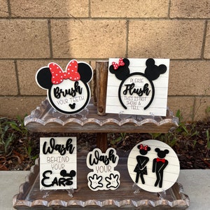 Disney Kids Bathroom Tiered Tray Decor | Wash Flush Brush Sign Set | Cute Mini Mickey Bathroom Signs for Boy or Girl | Wood Decor