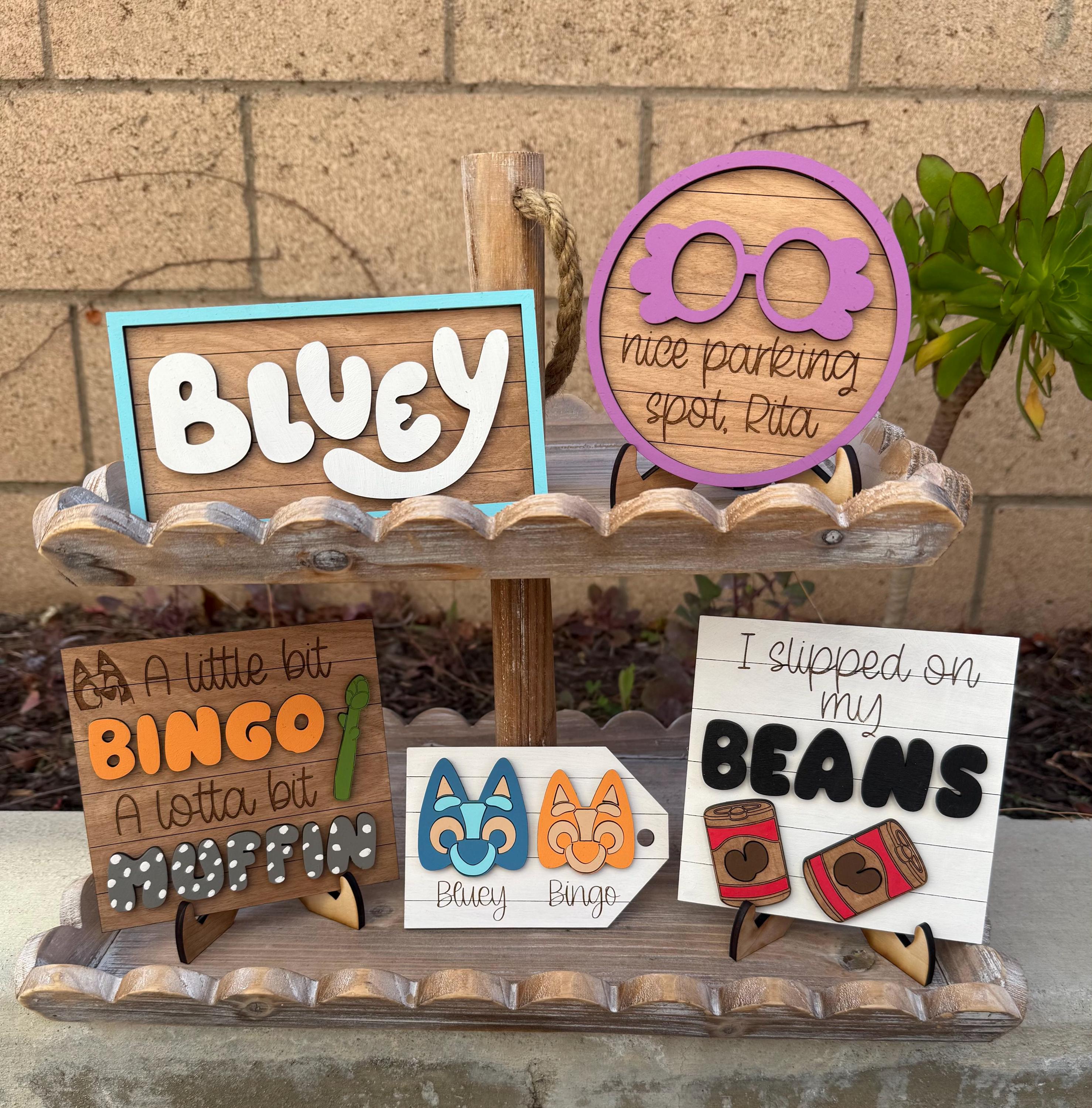 Bluey Themed Wooden Signs | Bluey Tier Tray | Bluey Birthday Decorations | Birthday Table | Nice Parking Spot Rita | Bingo Bluey Heeler