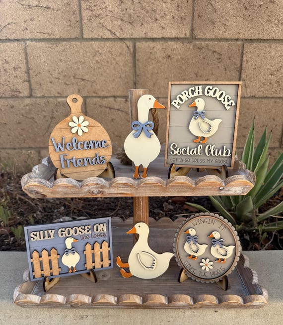 Farmhouse Goose Tiered Tray Decor: DIY Craft Kit or Finished Sign