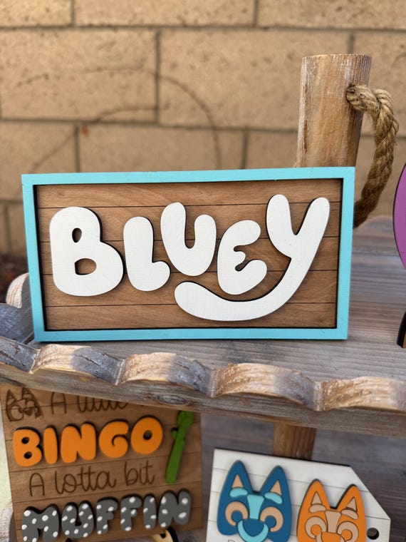 Bluey Themed Wooden Signs | Bluey Tier Tray | Bluey Birthday Decorations | Birthday Table | Nice Parking Spot Rita | Bingo Bluey Heeler