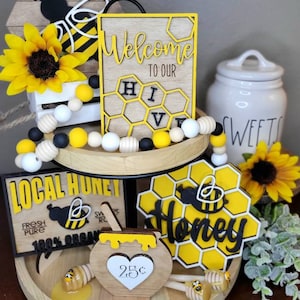 Handmade Honey Bee Tiered Tray Decor: Farmhouse Wood Sign