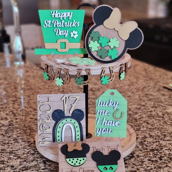 Disney St. Patricks Tiered Tray|Mickey & Minnie| Lucky Charm |March 17| Tiered Tray Decor|Wood Shamrock|Leprechaun Hat|Mini Wood Sign|Disney