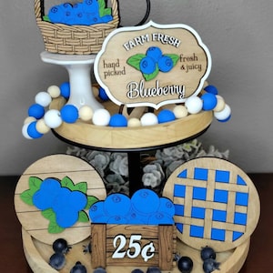 Handmade Blueberry Tiered Tray Decor: Farmhouse Summer Mini Signs