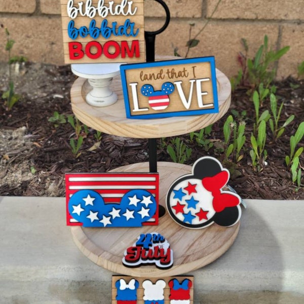 Summer Tiered Tray| Mickey Ears|Disney Home Decor|Fourth of July|Patriotic Decor|Memorial Day|Disney Summer Signs|Shelf Sitter | 4th of July