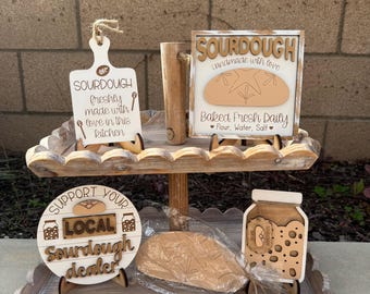 Handmade Sourdough Tiered Tray Decor: Rustic Farmhouse Kitchen Signs