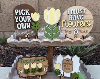 Tulip Tiered Tray Decor Set | Farmhouse Spring Flower Market Signs | Farmhouse Floral Wood Signs | Farmhouse Shelf Sitter