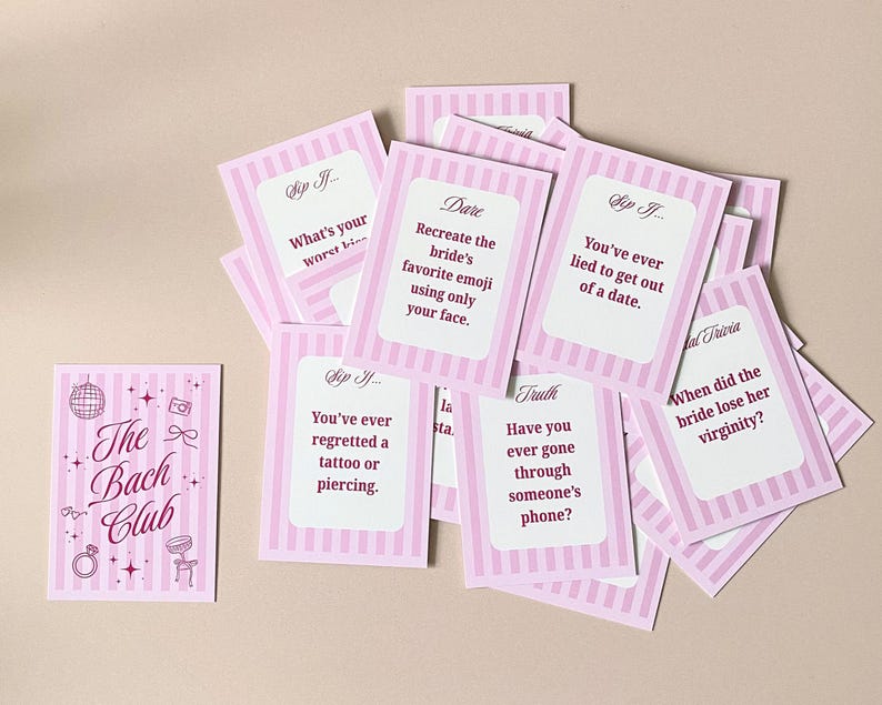 Sip and Spill bachelorette card game in pink aesthetic designed for girls trip game night and bach weekend icebreaker activities. Physical card game with fun drinking game prompts for bachelorette party, bridal celebration, and group party entertainment.