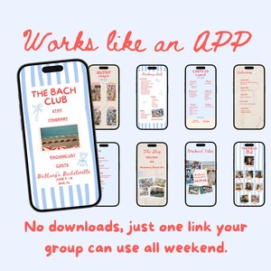 Girls trip itinerary template bachelorette mobile website editable in Canva designed for beach bach weekend and bach club bachelorette themes includes clean modern layout with sections for daily plans locations outfit ideas and packing list ideal bridal party planner and travel itinerary template mobile friendly and easy to share link format for seamless bachelorette weekend planning