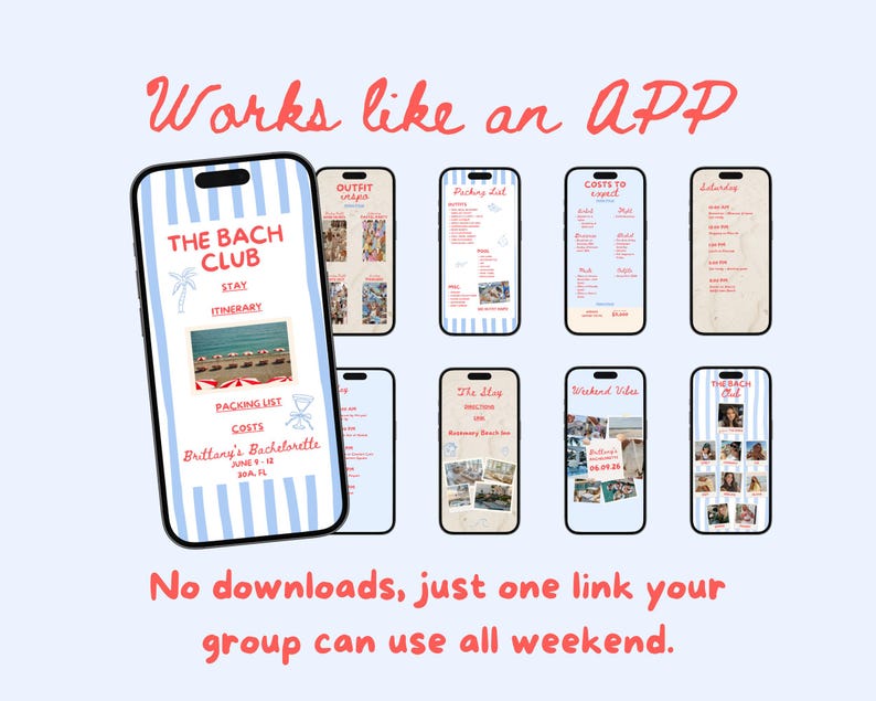 Girls trip itinerary template bachelorette mobile website editable in Canva designed for beach bach weekend and bach club bachelorette themes includes clean modern layout with sections for daily plans locations outfit ideas and packing list ideal bridal party planner and travel itinerary template mobile friendly and easy to share link format for seamless bachelorette weekend planning