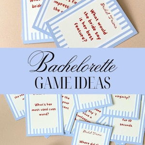 May include: Bachelorette party game cards with blue and white striped borders. The cards feature trivia questions and the text "The Bach Club" with a lingerie graphic. The words "Bachelorette GAME IDEAS" are also visible.