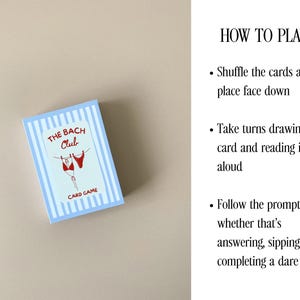 May include: A card game box with a light blue and white striped design, labelled "The Bach Club Card Game". The box features a red bikini graphic. Instructions on how to play are displayed to the right.