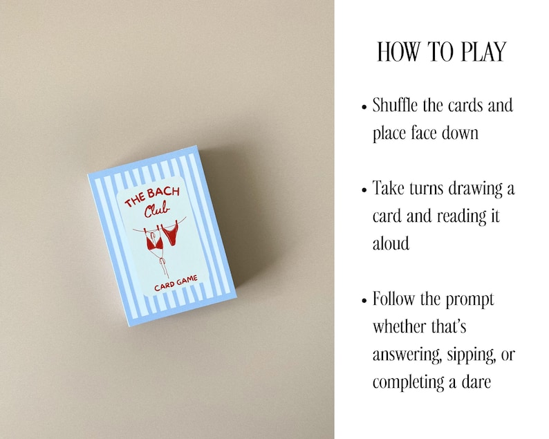 May include: A card game box with a light blue and white striped design, labelled "The Bach Club Card Game". The box features a red bikini graphic. Instructions on how to play are displayed to the right.