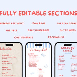 Editable Canva bachelorette website template mobile itinerary for bach weekend planning featuring beach bach and bach club theme layout designed for easy sharing with bridal party includes interactive sections for itinerary schedule locations packing list and outfit inspiration perfect girls trip planner and bachelorette travel itinerary template with app like mobile experience no downloads required