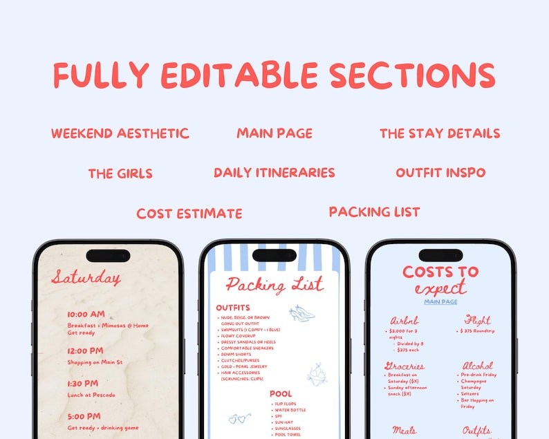 Editable Canva bachelorette website template mobile itinerary for bach weekend planning featuring beach bach and bach club theme layout designed for easy sharing with bridal party includes interactive sections for itinerary schedule locations packing list and outfit inspiration perfect girls trip planner and bachelorette travel itinerary template with app like mobile experience no downloads required
