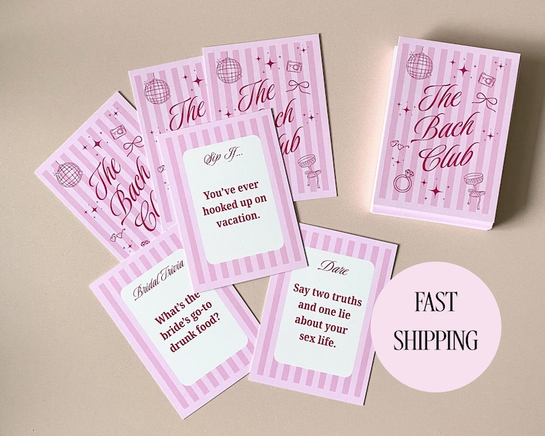 Pink bachelorette party card game with Sip and Spill theme displayed as a stylish deck of cards for girls night game and bach weekend activities. Fun drinking game for bachelorette party featuring playful prompts perfect for beach bach, sleepover bach, or bride party celebration.