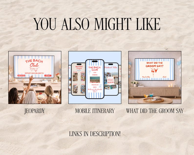 May include: An image featuring three product displays. The first shows a TV screen with "The Bach Club" text, the second shows a phone with "The Bach Club" text, and the third shows a TV screen with "What Did The Groom Say?" text. The text "You Also Might Like" is at the top.