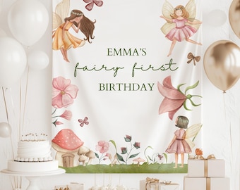 Fairy First Birthday Banner Fairy Party Backdrop Fairy Decor Garden Party Birthday Banner Personalized Fairy Tea Party Welcome Sign Fairy