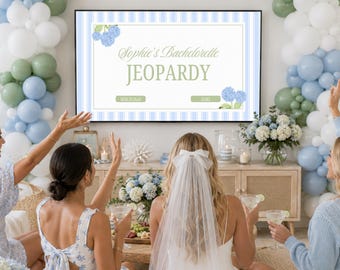 Bachelorette Jeopardy Template Editable Bridal Trivia Coastal Bach Party Game Preppy Beach Bachelorette Hydrangea Girls Trip Game Summer