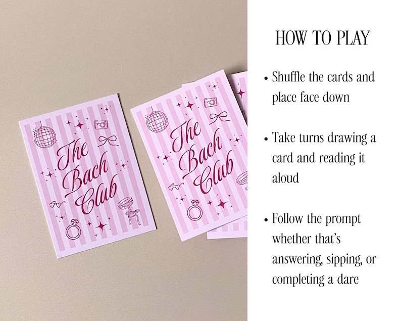 Pode incluir: Cart&otilde;es listrados em rosa e branco com o texto "The Bach Club" e v&aacute;rias ilustra&ccedil;&otilde;es, incluindo uma bola de discoteca, uma c&acirc;mera e um anel. Os cart&otilde;es s&atilde;o projetados para um jogo de despedida de solteira.