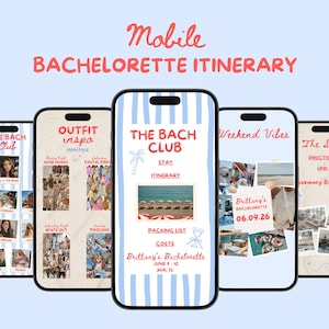 Bachelorette mobile itinerary template editable Canva bach weekend itinerary designed as a mobile website for beach bach and bach club bachelorette parties featuring a modern aesthetic layout optimized for phone viewing includes sections for daily schedule locations outfit planning and travel details ideal girls trip planner and bridal party travel itinerary template for destination bachelorette weekend organization