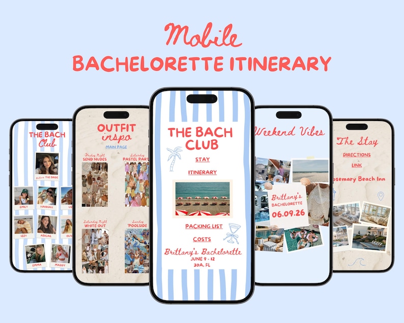Bachelorette mobile itinerary template editable Canva bach weekend itinerary designed as a mobile website for beach bach and bach club bachelorette parties featuring a modern aesthetic layout optimized for phone viewing includes sections for daily schedule locations outfit planning and travel details ideal girls trip planner and bridal party travel itinerary template for destination bachelorette weekend organization