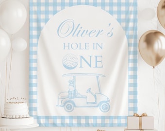 Hole in One Birthday Banner Boy Golf Birthday Party Decor First Birthday Gingham Theme Fabric Banner Golf Birthday Banner Boy 1st Birthday