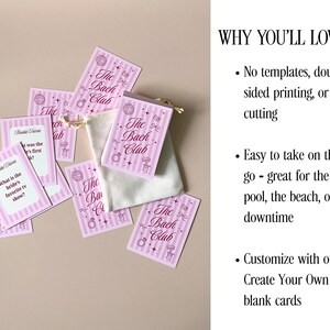 Pode incluir: Um conjunto de cart&otilde;es listrados em rosa e branco com o texto "The Bach Club" e outro texto. Os cart&otilde;es est&atilde;o dispostos em torno de uma pequena bolsa branca com cord&atilde;o. Os cart&otilde;es cont&ecirc;m v&aacute;rias perguntas.