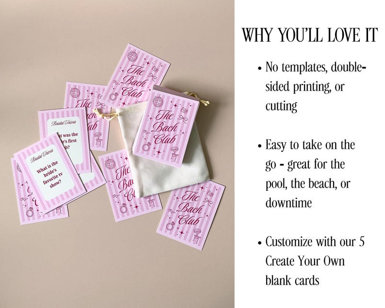 Pode incluir: Um conjunto de cart&otilde;es listrados em rosa e branco com o texto "The Bach Club" e outro texto. Os cart&otilde;es est&atilde;o dispostos em torno de uma pequena bolsa branca com cord&atilde;o. Os cart&otilde;es cont&ecirc;m v&aacute;rias perguntas.