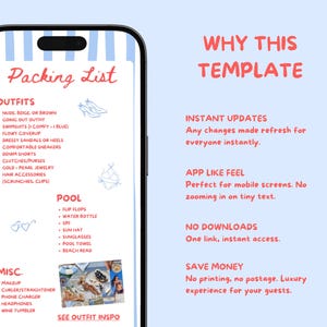 May include: A digital packing list displayed on a smartphone screen. The list includes outfits, pool items, and miscellaneous items. The text "Why This Template" and other details are also visible.