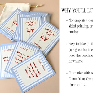 May include: A collection of blue and white striped card games, featuring the text "THE BACH Club" and "CARD GAME". The cards are presented with a small beige drawstring bag. Some cards display the text "Bridal Trivia".