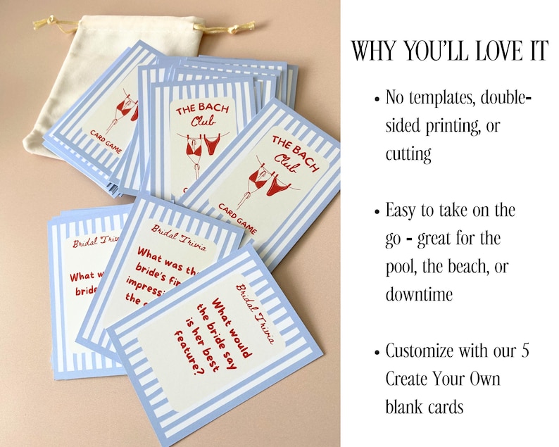 May include: A collection of blue and white striped card games, featuring the text "THE BACH Club" and "CARD GAME". The cards are presented with a small beige drawstring bag. Some cards display the text "Bridal Trivia".