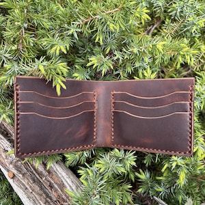 Cartera plegable de 6 bolsillos, hecha a mano con cuero de plena flor