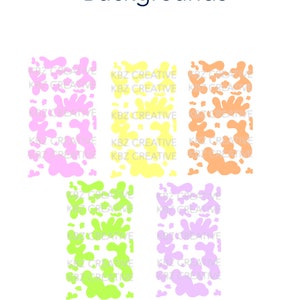May include: Set of five phone backgrounds featuring abstract shapes in various pastel colors, including pink, yellow, orange, green, and purple. The backgrounds are designed for phones with a resolution of 1080x1920 pixels.