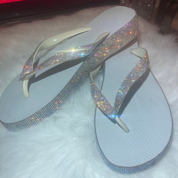 White Wedge diamond rhinestone Swarovski Bling crystal flip flop sandals