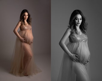 Tulle Pregnancy Dress, Sequin Maternity Dress, Glamorous Maternity Dress, Long Pregnancy Dress, See Through Pregnancy Dress
