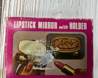 Vintage Blumen Lippenstift Spiegel mit Fingerhalter und Box Preisschild 70er 80er Jahre