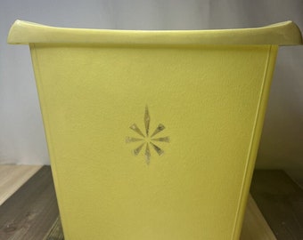 Vintage Trash Can Wastebasket Yellow Floral Gold Star 11" Retro Plastic 1970s