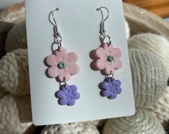 Pink and purple flower earrings dangle, boho drop earrings, Spring jewelry 2023, unique gifts for mom, for sister, for teachers, for her