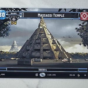 May include: A trading card featuring the Massassi Temple on Yavin 4. The card has a blue and black border with the number 30 in the upper left corner. The card also has the text "VIP" and "2025". The image shows a pyramid-shaped structure.