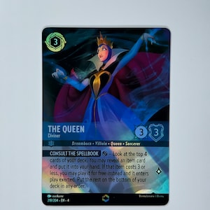 May include: A purple, blue, and gold card featuring an illustration of the Evil Queen from Snow White. The card is titled "The Queen" and has a cost of 3. The card text reads "Consult the Spellbook - Look at the top 4 cards of your deck. You may reveal an item card and put it into your hand. If that item costs 3 or less, you may play it for free instead and it enters play exerted. Put the rest on the bottom of your deck in any order."