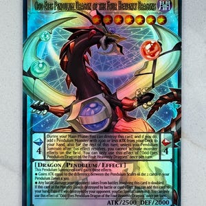 May include: A trading card featuring a dragon illustration with a dark color scheme. The card has text that includes "Odd-Eyes Pendulum Dragon of the Four Heavenly Dragons". The card has an ATK of 2500 and a DEF of 2000.