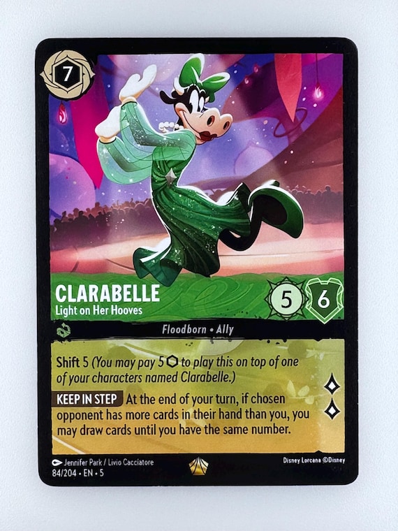 clarabelle lorcana card Disney Natalie Dombois Shimmering Skies Singles Emerald Sapphire Clarabelle Is Lorcana's